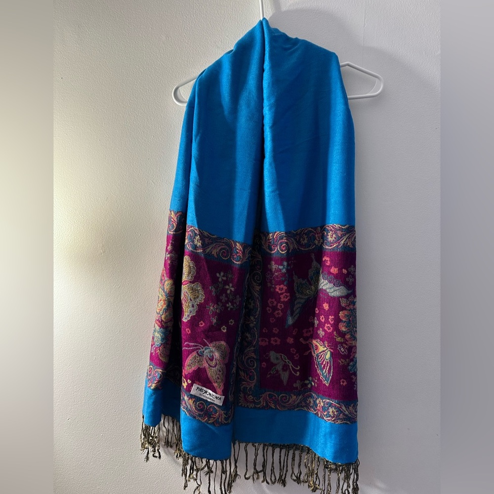 Pashmina Blue and Pink Scarf with Gold Accents